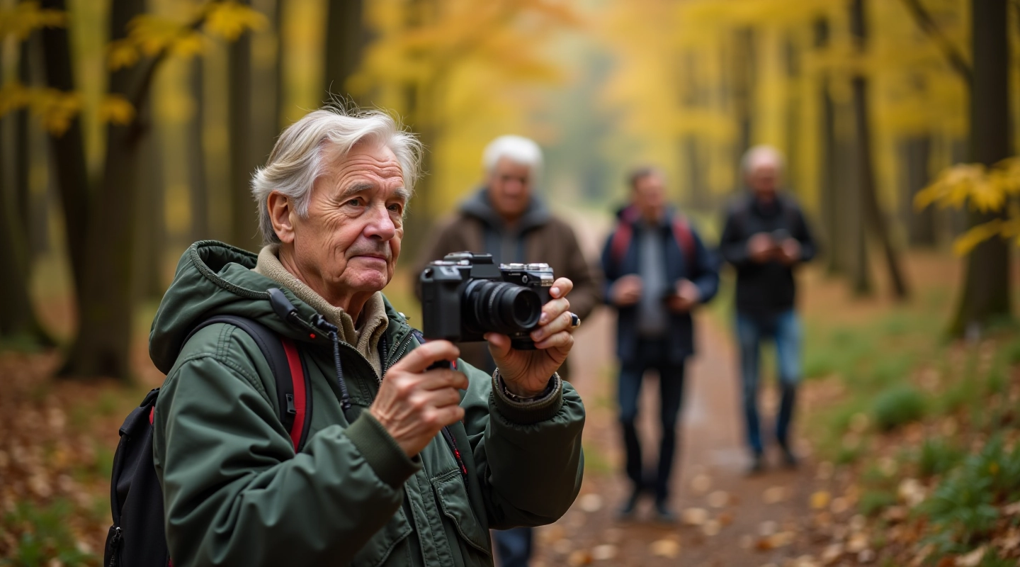 Seniori ar fotogrāfijas kameras un skicēšanas materiāliem skaistā Latvijas dabas vidē