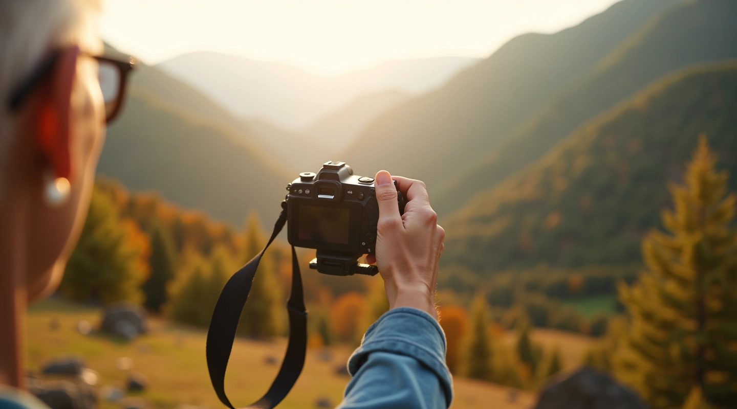 Seniora rokas tur fotoaparātu un skatās uz ainavu ar kalnus fona